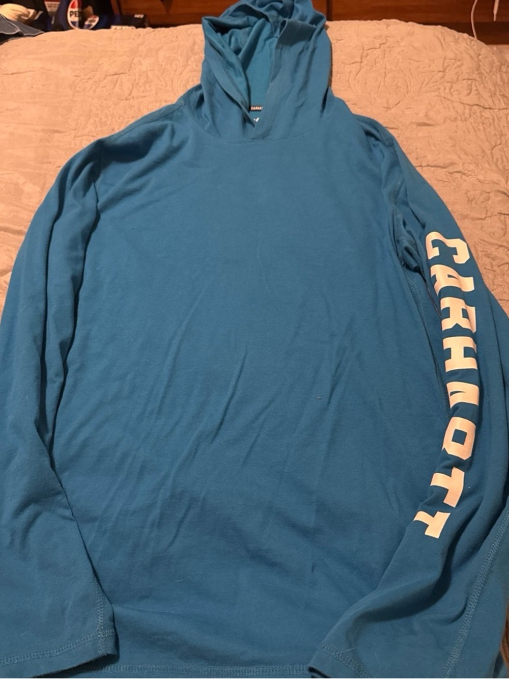 Carhartt Men’s Hooded Long-Sleeve Shirt - Blue with White Sleeve Logo